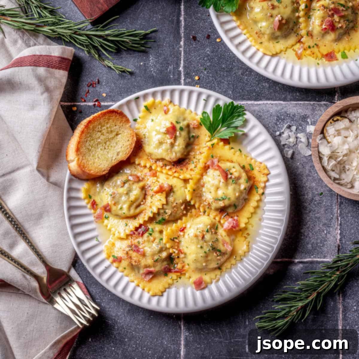Golden Brown Butter Ravioli with Savory Mushroom Prosciutto 1 featured 13937