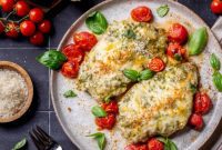 Emerald Pistachio Pesto Chicken with Sweet Blistered Tomatoes