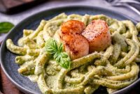 Velvety Pesto Pasta with Pan-Seared Scallops