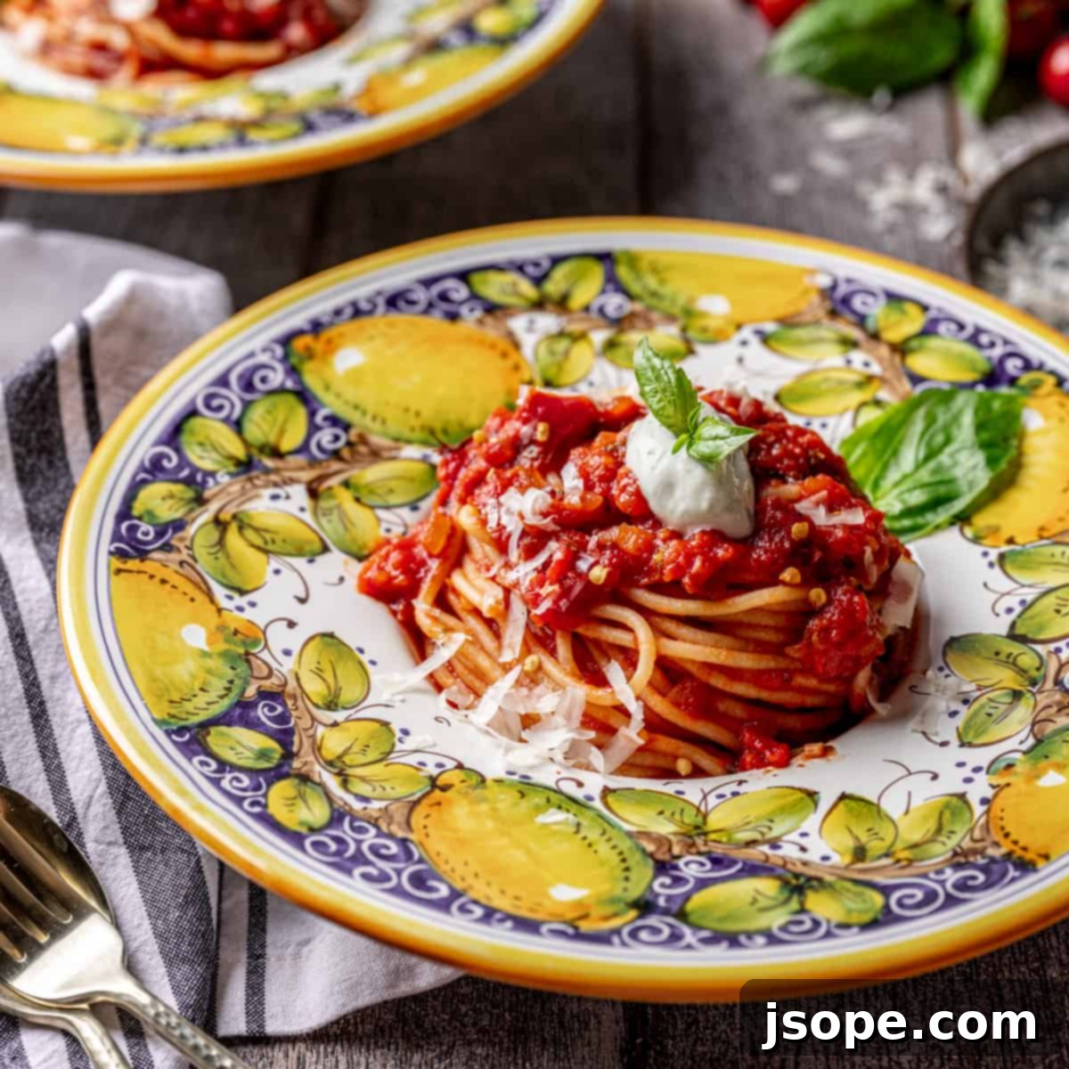 Vibrant Pomodoro Pasta with Whipped Basil Ricotta 2 Pasta al Sugo di Pomodoro with Whipped Basil Ricotta - a classic Italian tomato pasta dish elevated with creamy whipped ricotta.