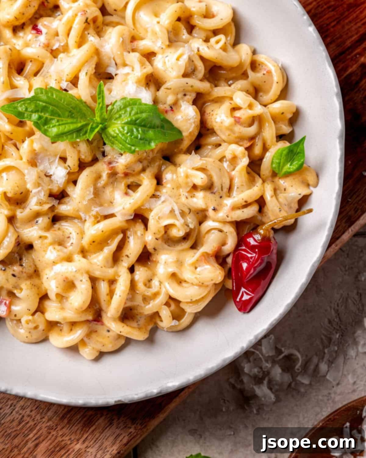 Spicy Calabrian Chili Alfredo Sauce with Trottole Pasta served with basil.