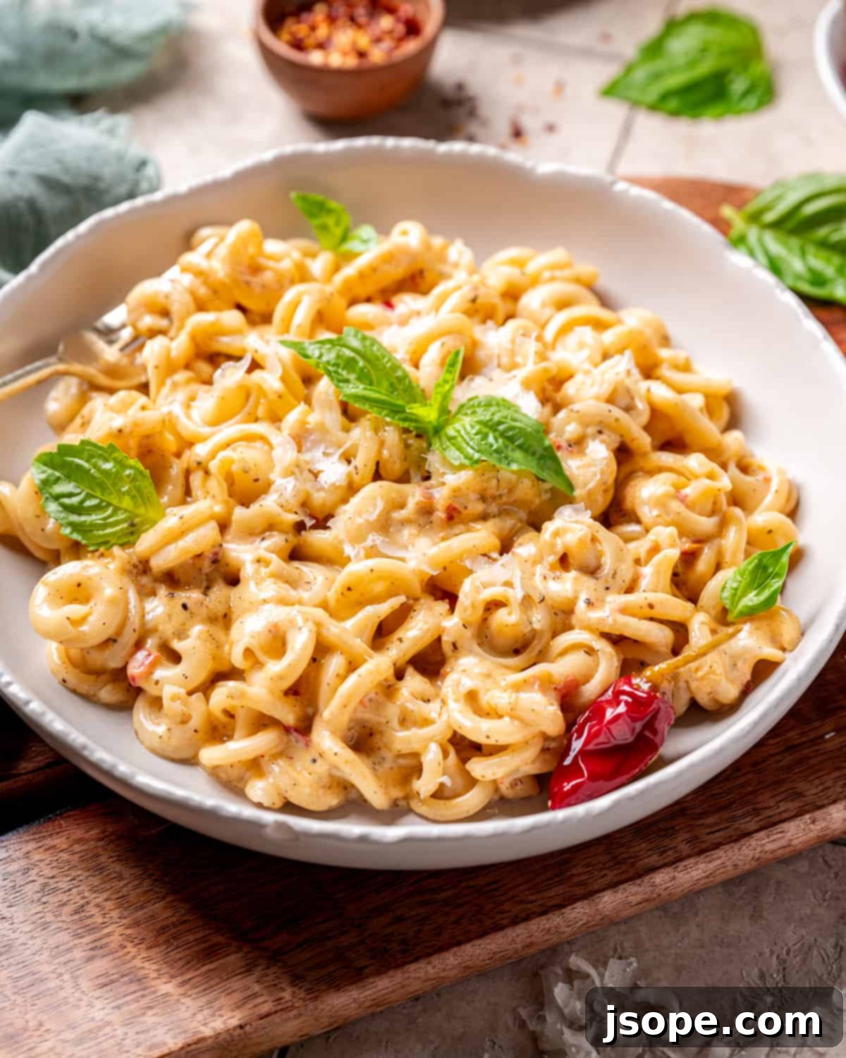 Spicy Calabrian Chili Alfredo Sauce with Trottole Pasta close-up.