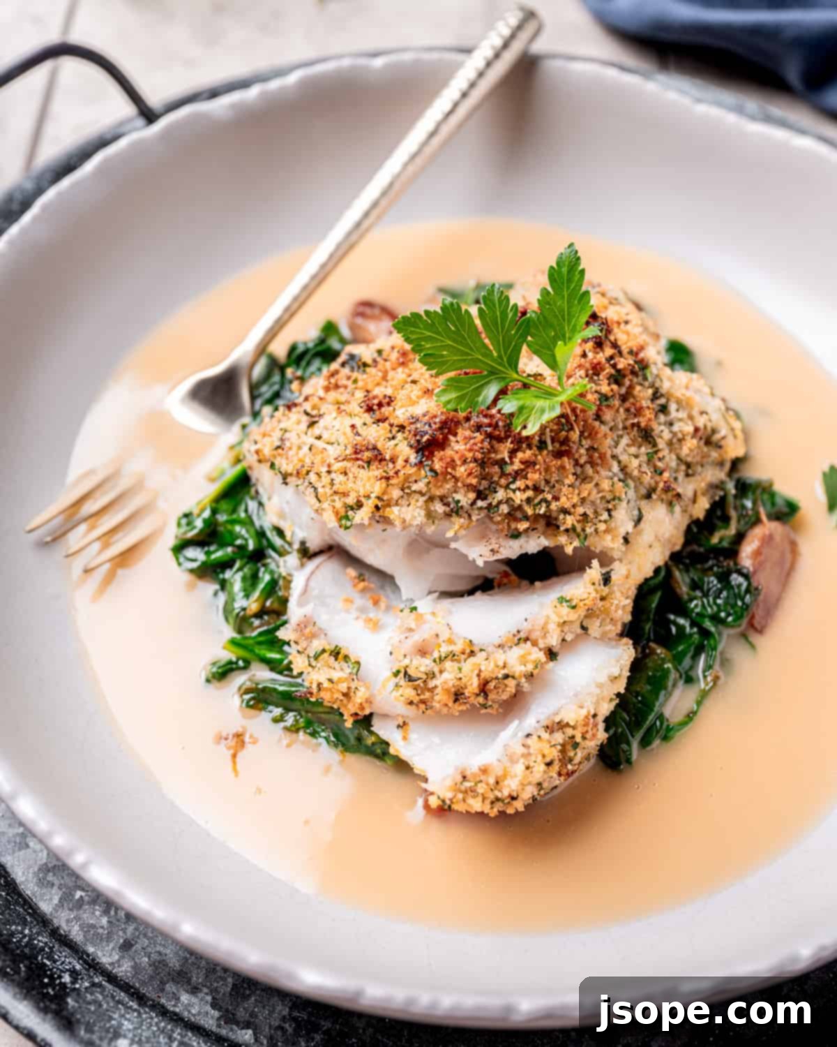 Close-up of Crispy Parmesan Crusted Baked Cod on a plate.