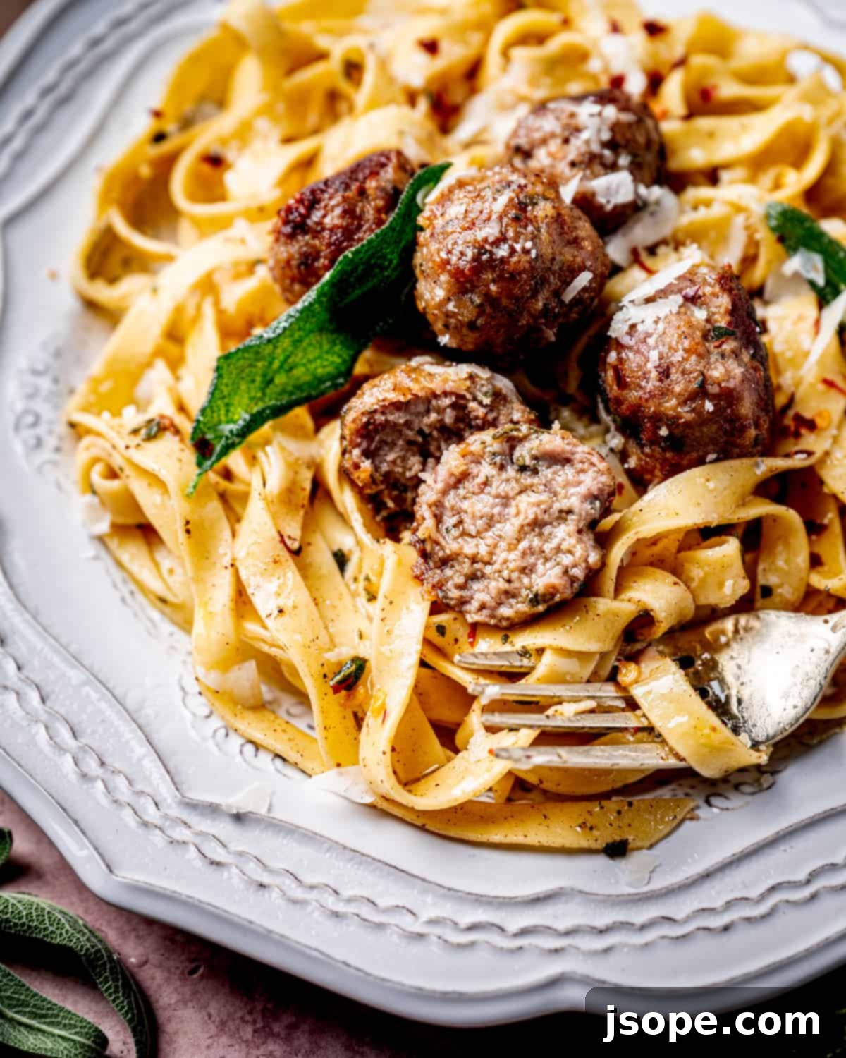 Plated Veal Saltimbocca Meatballs with Brown Butter Sage Sauce