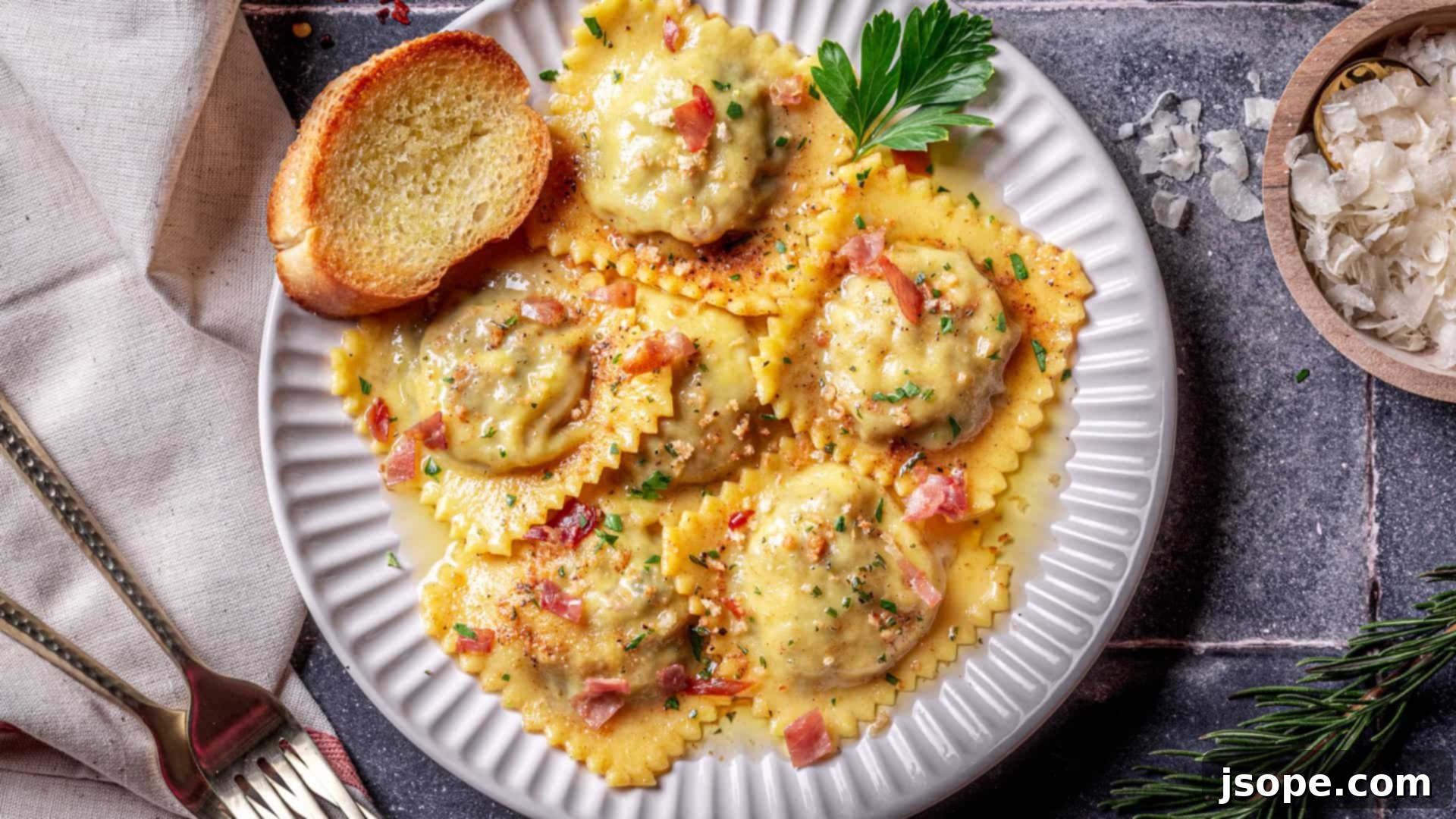 Golden Brown Butter Ravioli with Savory Mushroom Prosciutto 9 Mushroom Prosciutto Ravioli with Garlic Rosemary Brown Butter Horizontal