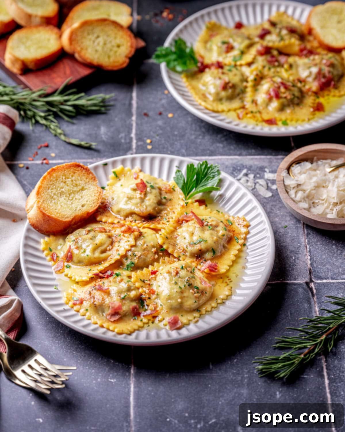 Golden Brown Butter Ravioli with Savory Mushroom Prosciutto 3 Mushroom Prosciutto Ravioli with Garlic Rosemary Brown Butter