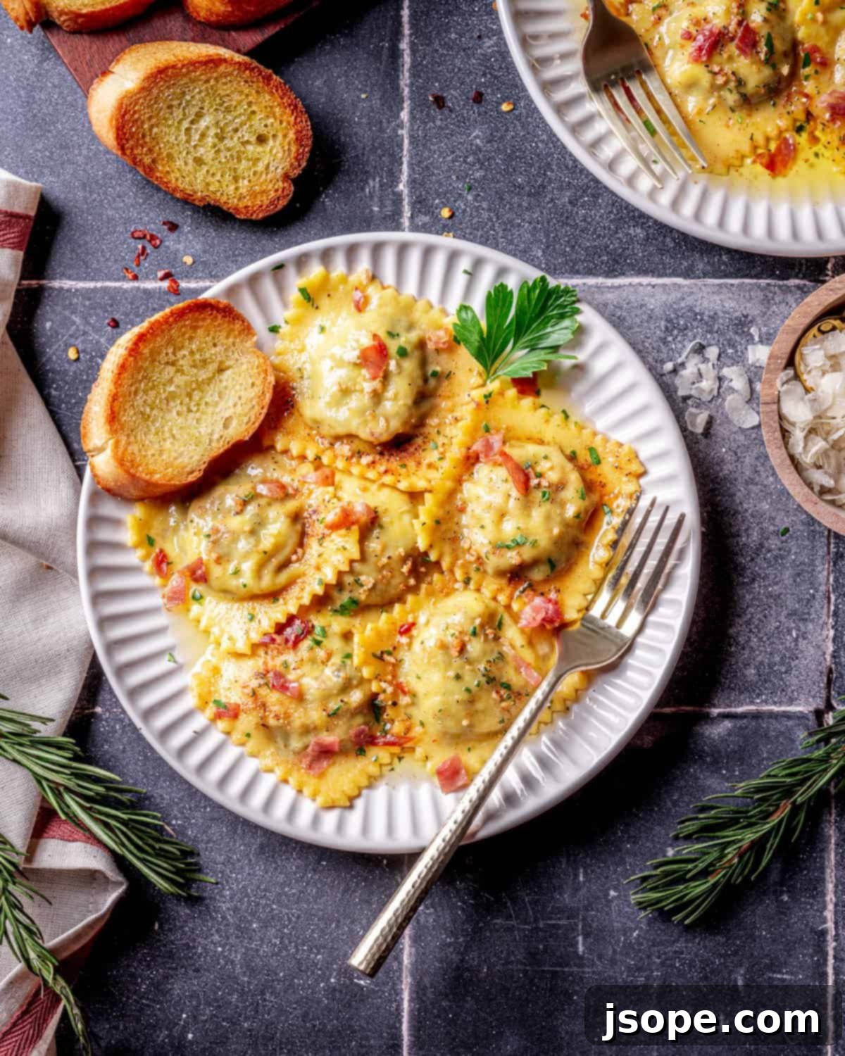 Golden Brown Butter Ravioli with Savory Mushroom Prosciutto 5 Mushroom Prosciutto Ravioli with Garlic Rosemary Brown Butter