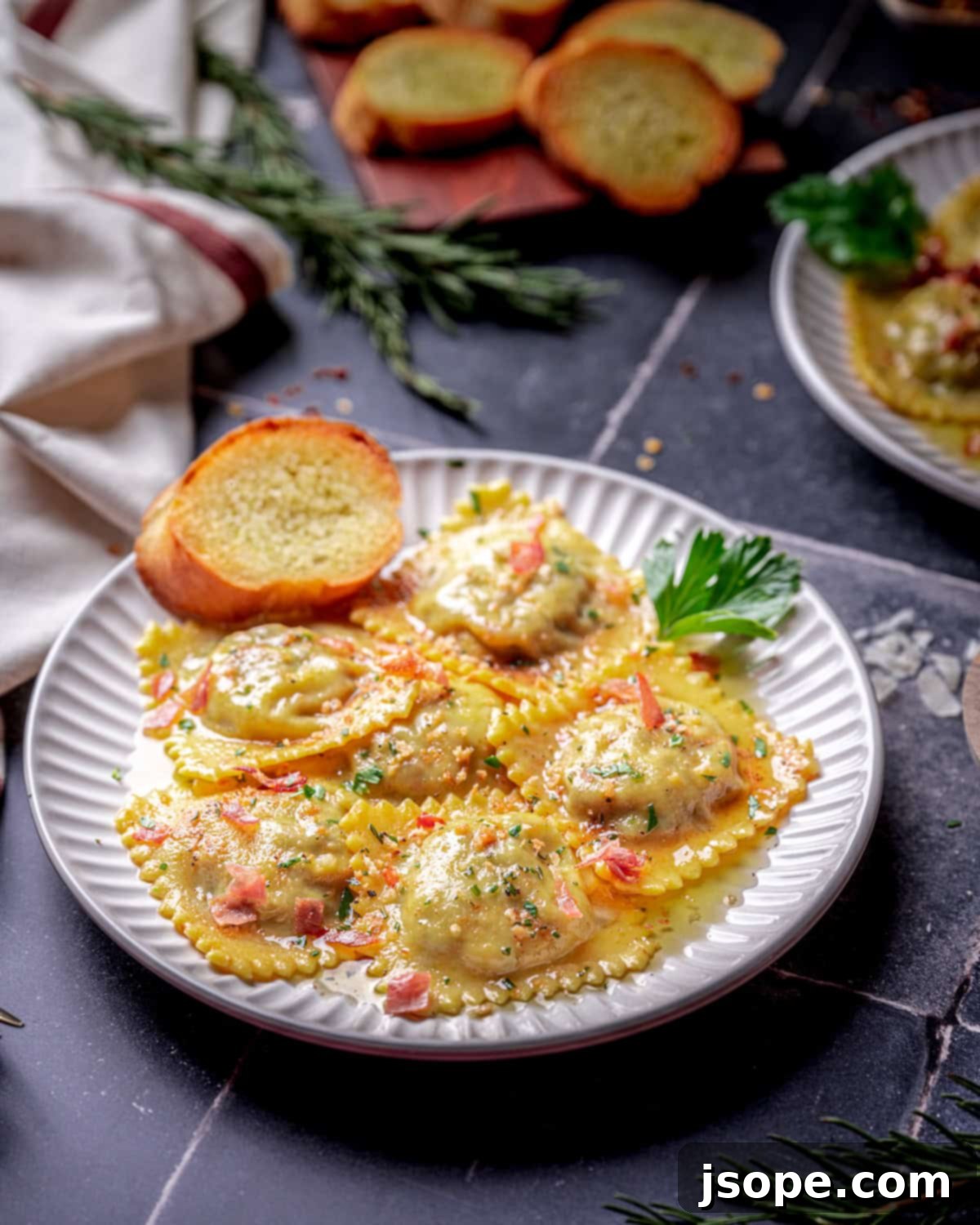 Golden Brown Butter Ravioli with Savory Mushroom Prosciutto 7 Mushroom Prosciutto Ravioli with Garlic Rosemary Brown Butter
