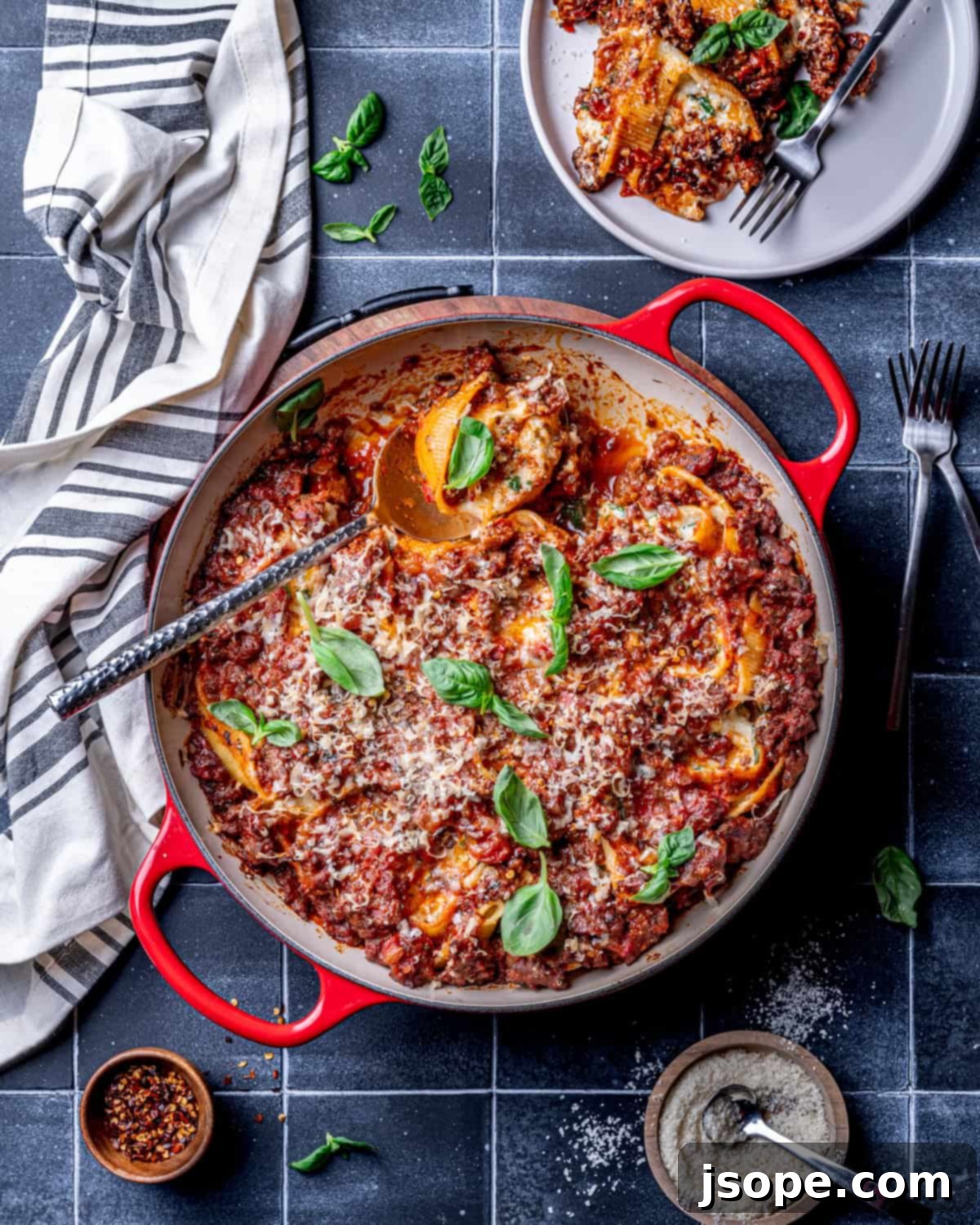 Three Cheese Stuffed Shells with Spicy Sausage Sauce