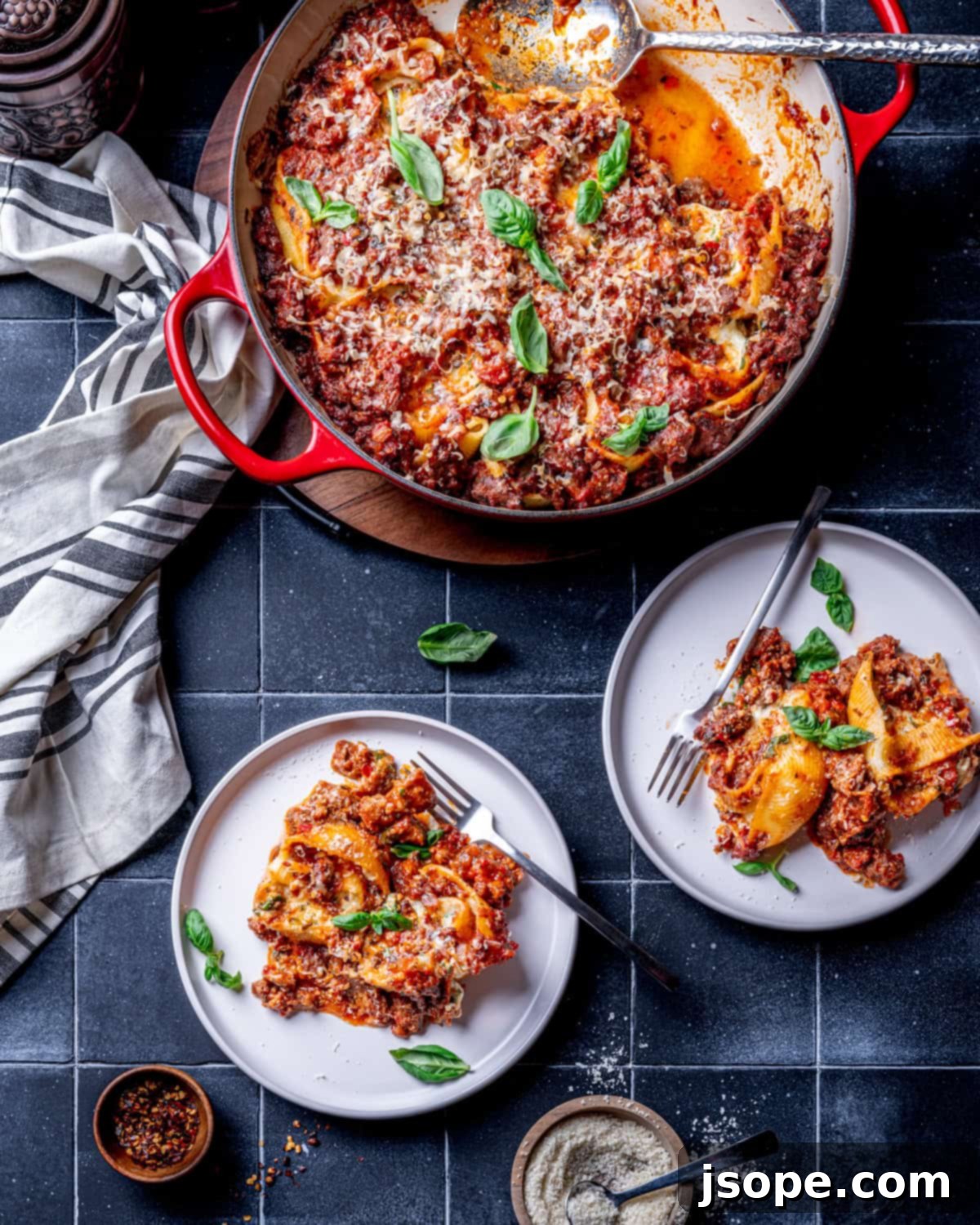 Three Cheese Stuffed Shells with Spicy Sausage Sauce