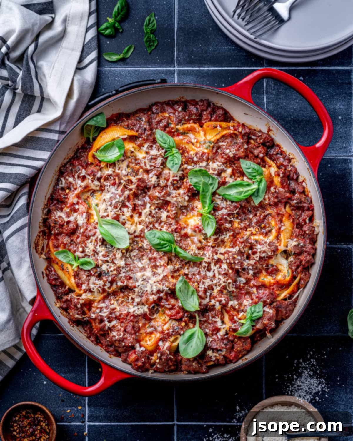 Three Cheese Stuffed Shells with Spicy Sausage Sauce