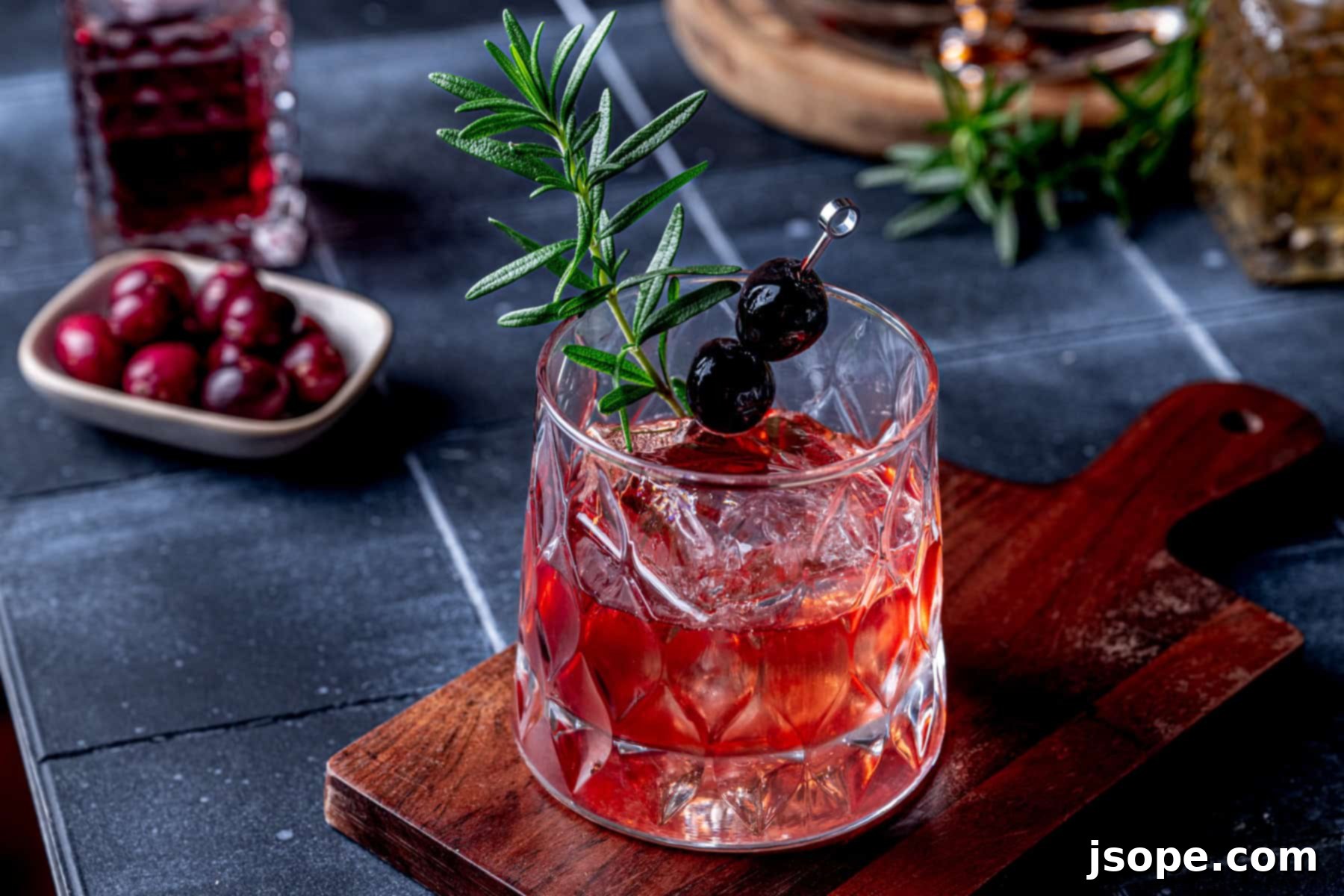 Two Spiced Cranberry Old Fashioned cocktails on a festive setting.