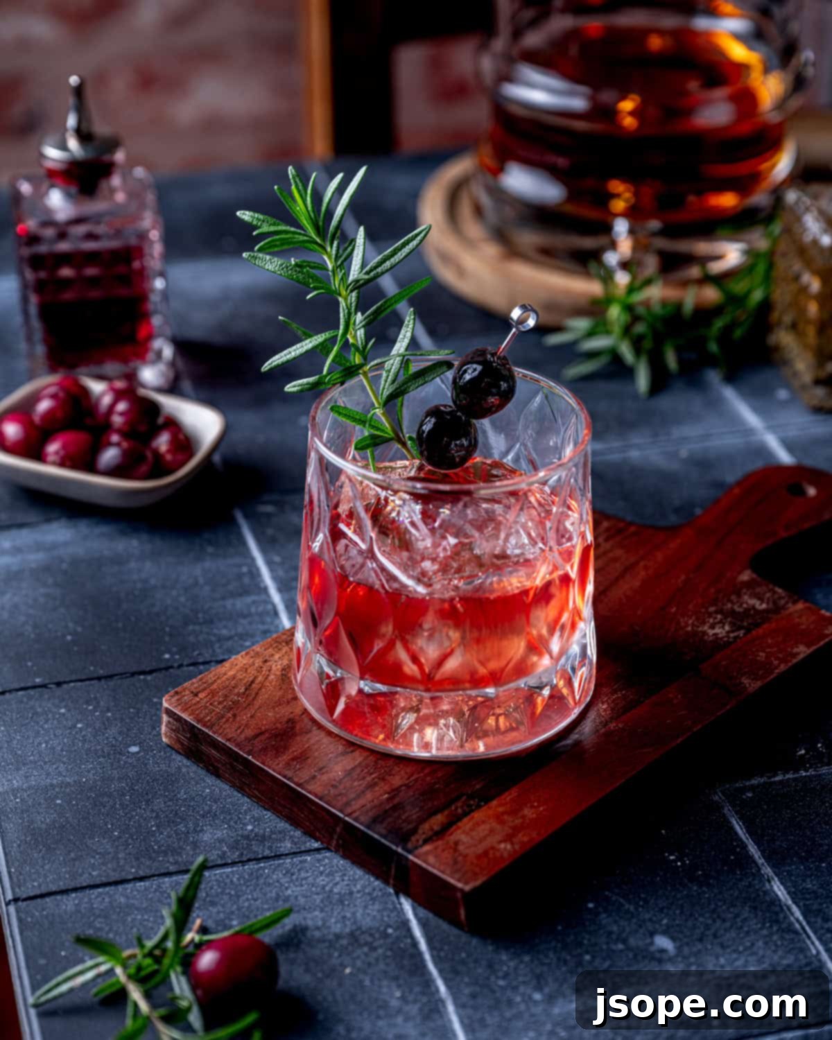 Spiced Cranberry Old Fashioned being garnished with rosemary.