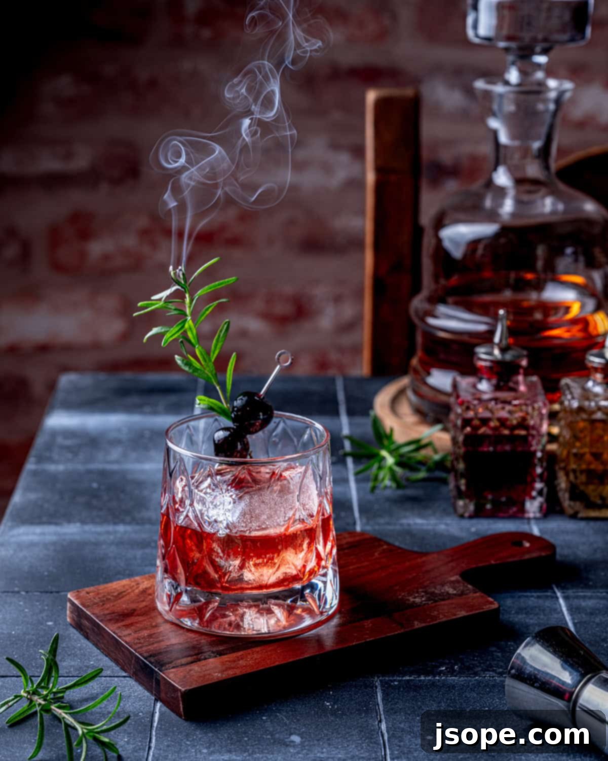 Spiced Cranberry Old Fashioned cocktail with a smoky rosemary sprig.