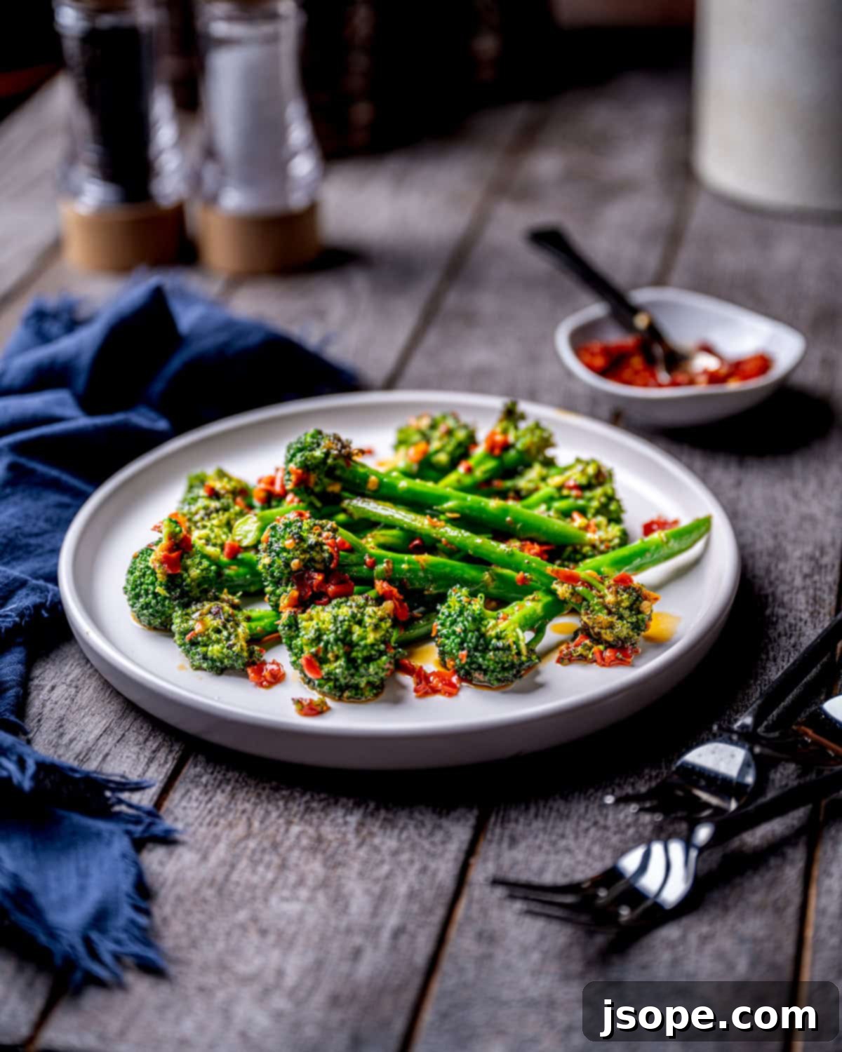 Close-up of Spicy Charred Calabrian Chili Broccolini showcasing the beautiful char on the florets and the rich chili coating.