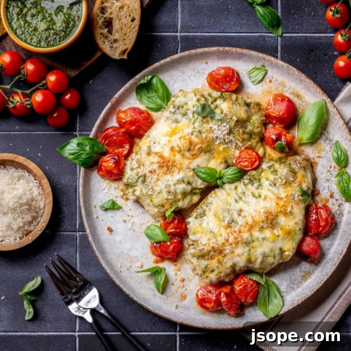Cheesy Pistachio Pesto Chicken with Roasted Cherry Tomatoes