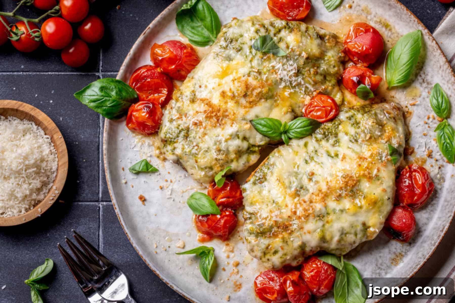 Cheesy Pistachio Pesto Chicken with Roasted Cherry Tomatoes