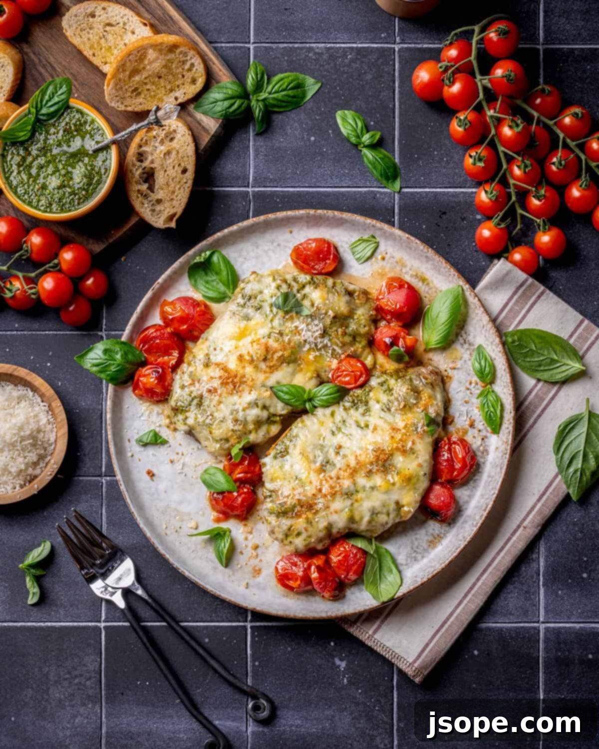 Cheesy Pistachio Pesto Chicken with Roasted Cherry Tomatoes