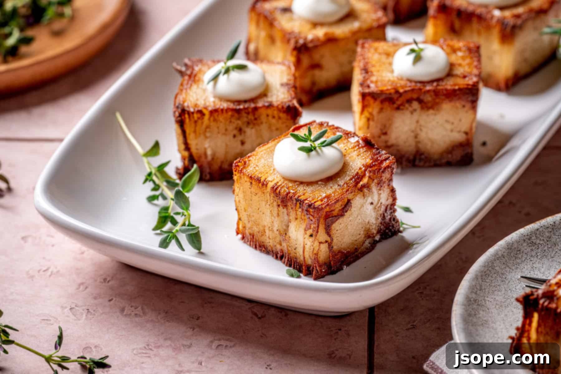 Beautifully plated Garlic Parmesan Potato Pavé with a dollop of Crème Fraîche and fresh herbs