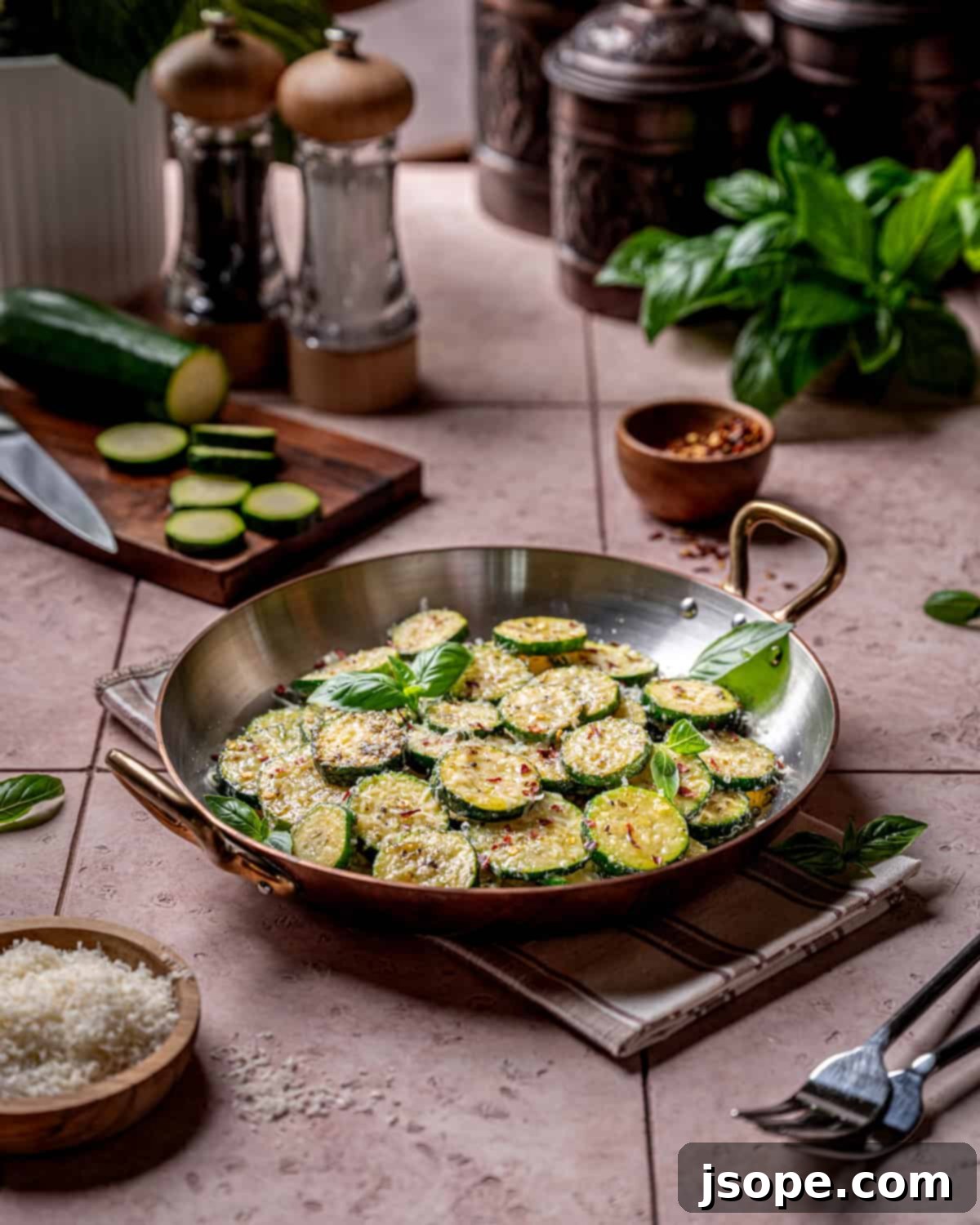 Italian Herb Sautéed Zucchini on a serving plate with cheese