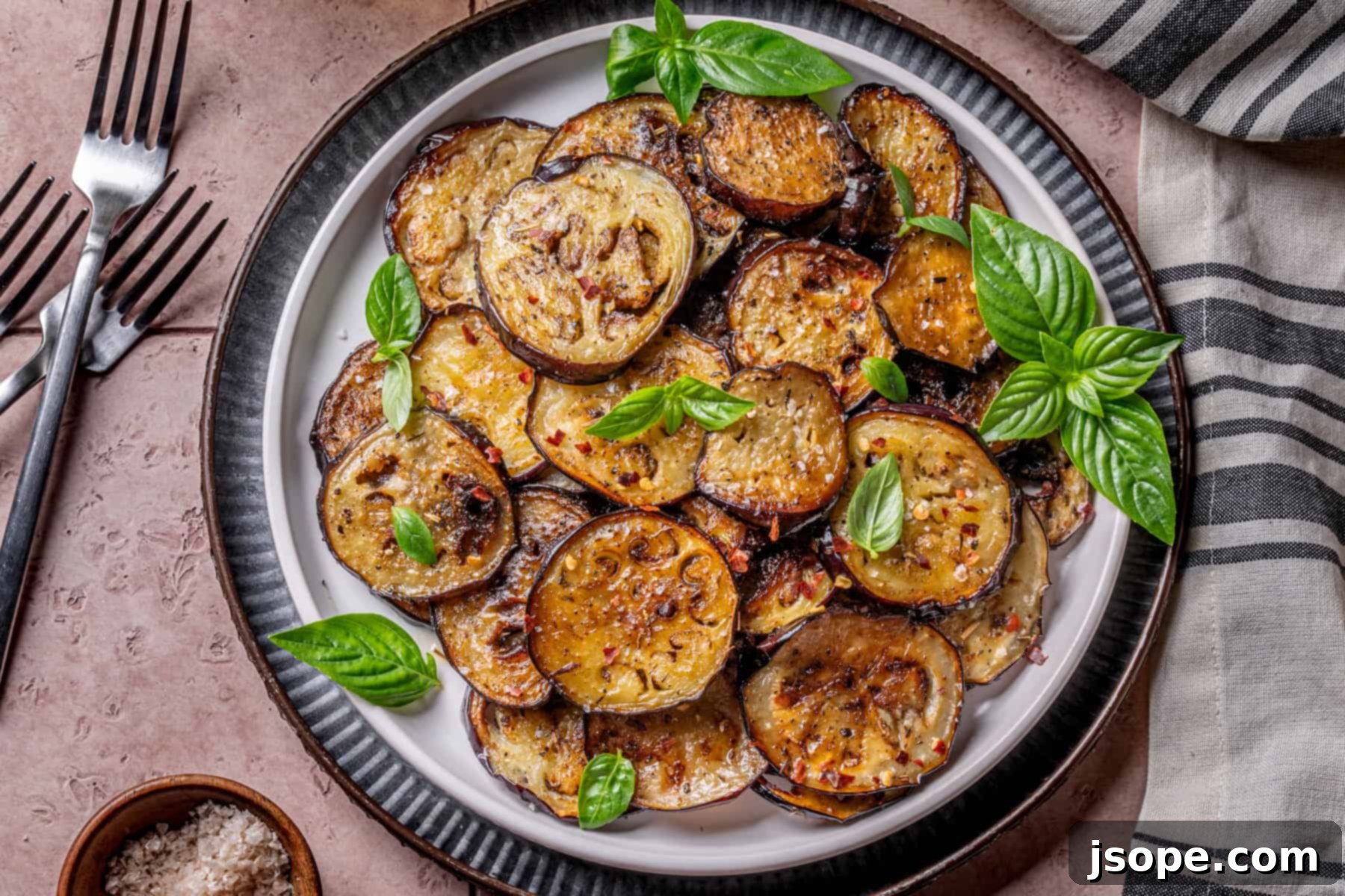 Beautifully presented platter of Garlic Herb Sautéed Italian Eggplant