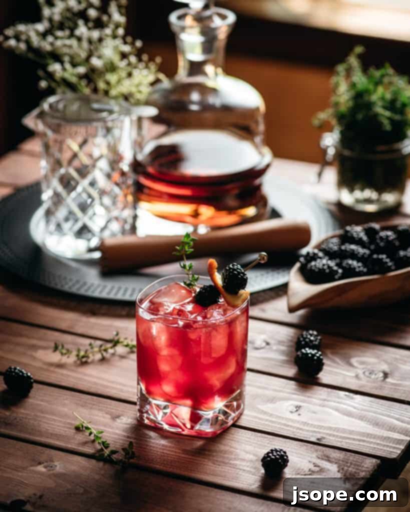 Blackberry Thyme Reimagined 5 Overhead shot of Blackberry Thyme New Fashioned cocktails, garnished with fresh fruit and herbs, on a wooden surface