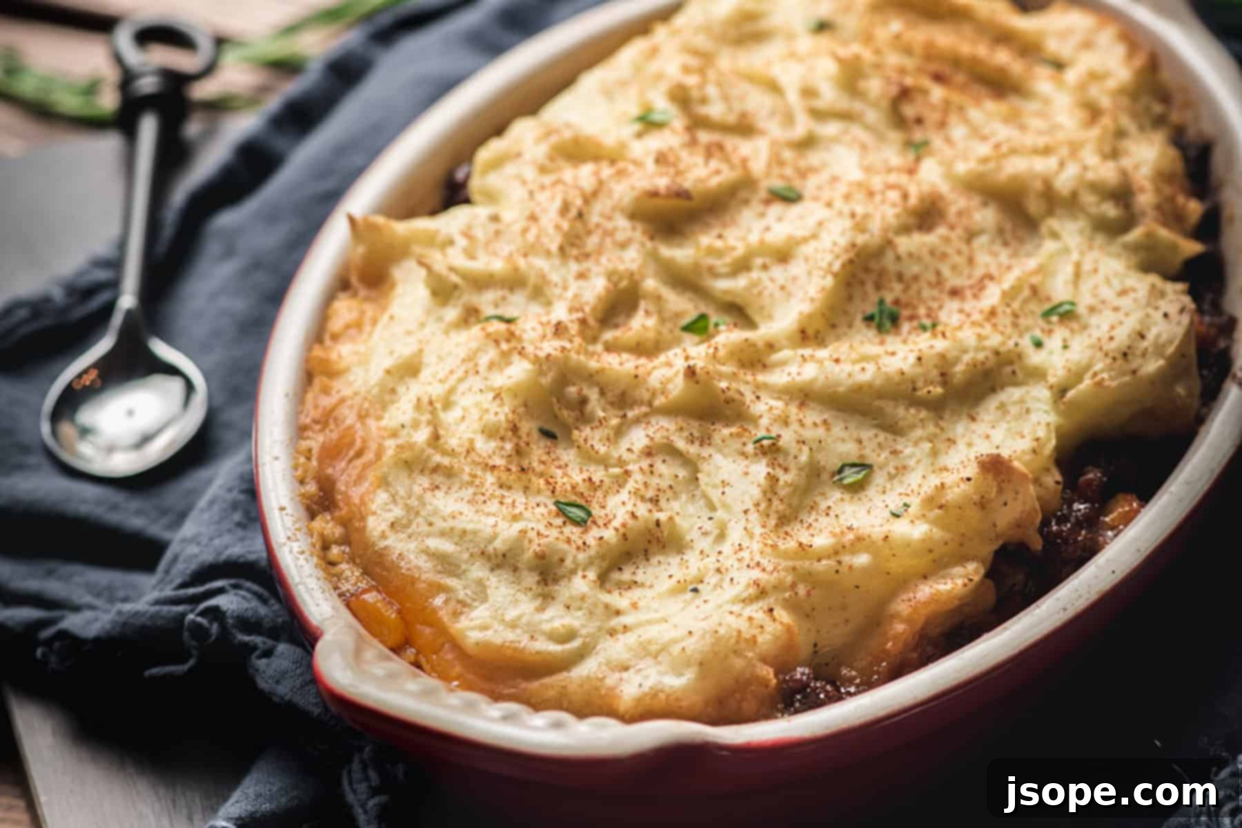 Delicious baked Veal and Beef Shepherd's Pie (Cottage Pie) with a golden crust