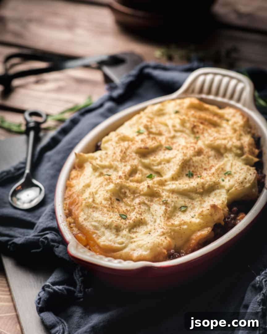 Close-up of golden mashed potato topping on Veal and Beef Shepherd's Pie