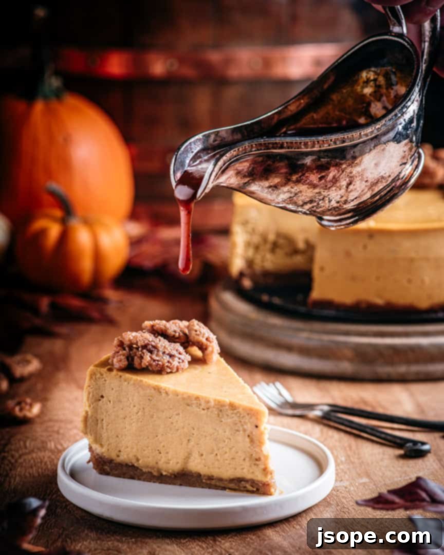 Spiced Pumpkin Mascarpone Cheesecake with Candied Cinnamon Pecans 4 Pumpkin Cheesecake with Brown Butter Bourbon Caramel Sauce and Candied Pecans