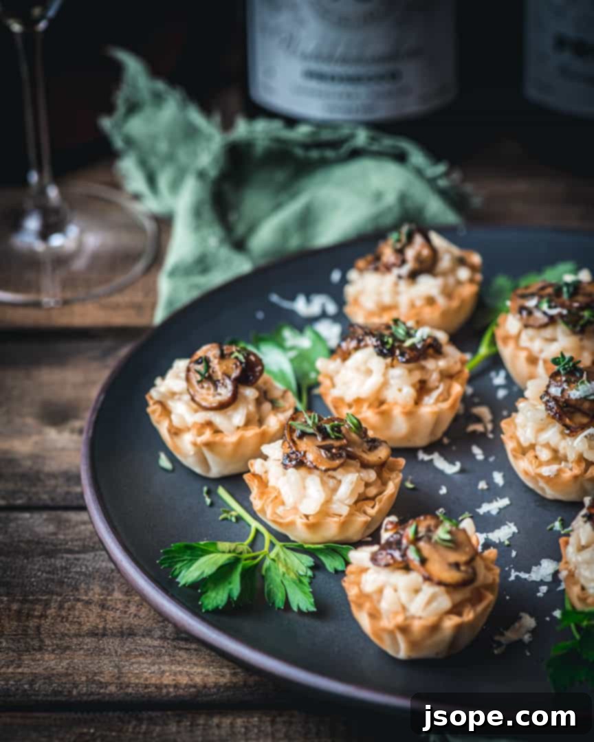 Parmesan Risotto and Mushroom Ragù Phyllo Cup Bites - a close-up