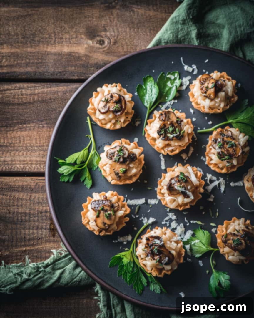 Parmesan Risotto and Mushroom Ragù Phyllo Cup Bites in a close-up, perfect for appetizers