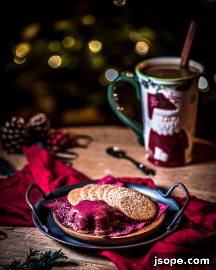 Hot Buttered Rum served with a slice of gingerbread cake topped with cranberry cream glaze.