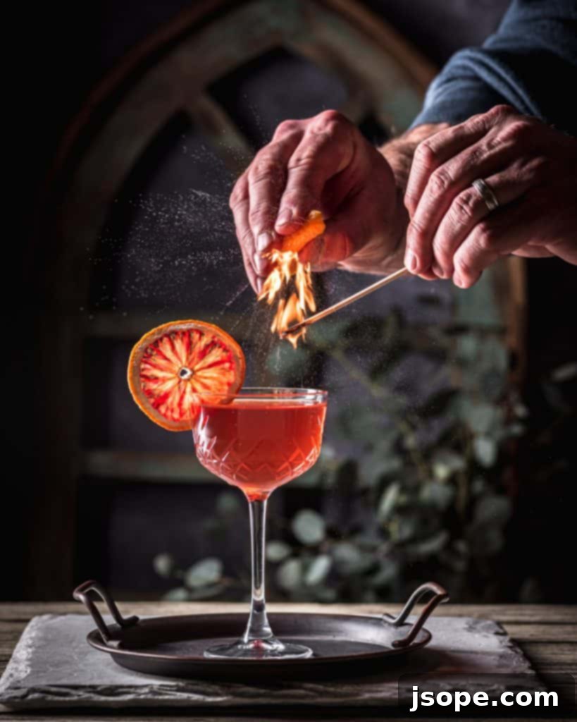 Close-up shot of the flaming orange zest over a Southern Sunset cocktail
