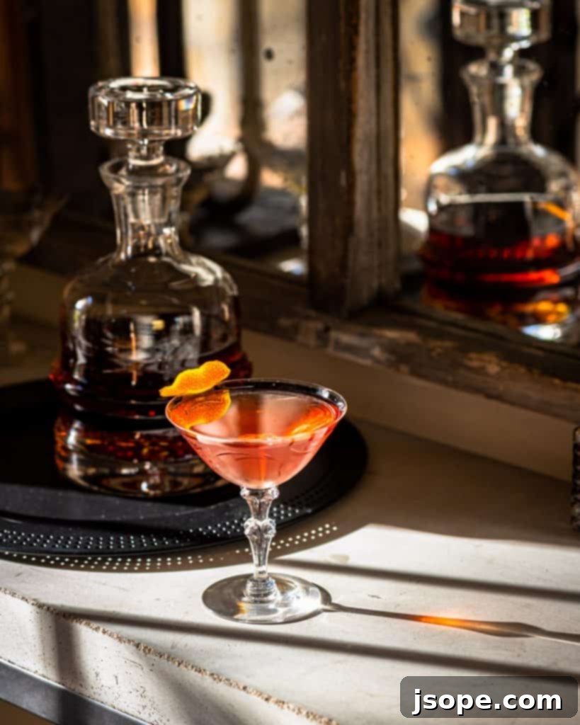 Full view of the Southern Sunset Bourbon and Rye Whiskey Cocktail with an orange slice garnish