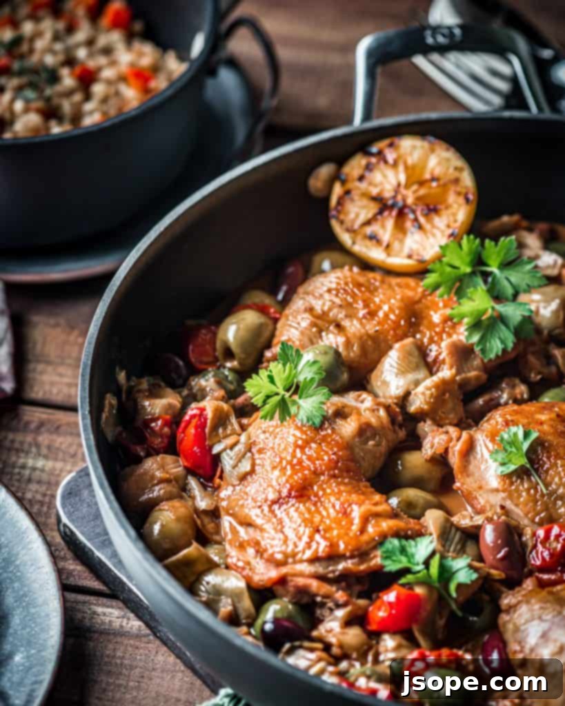 A close-up of the Olive and Artichoke Braised Chicken, highlighting the rich and aromatic sauce.