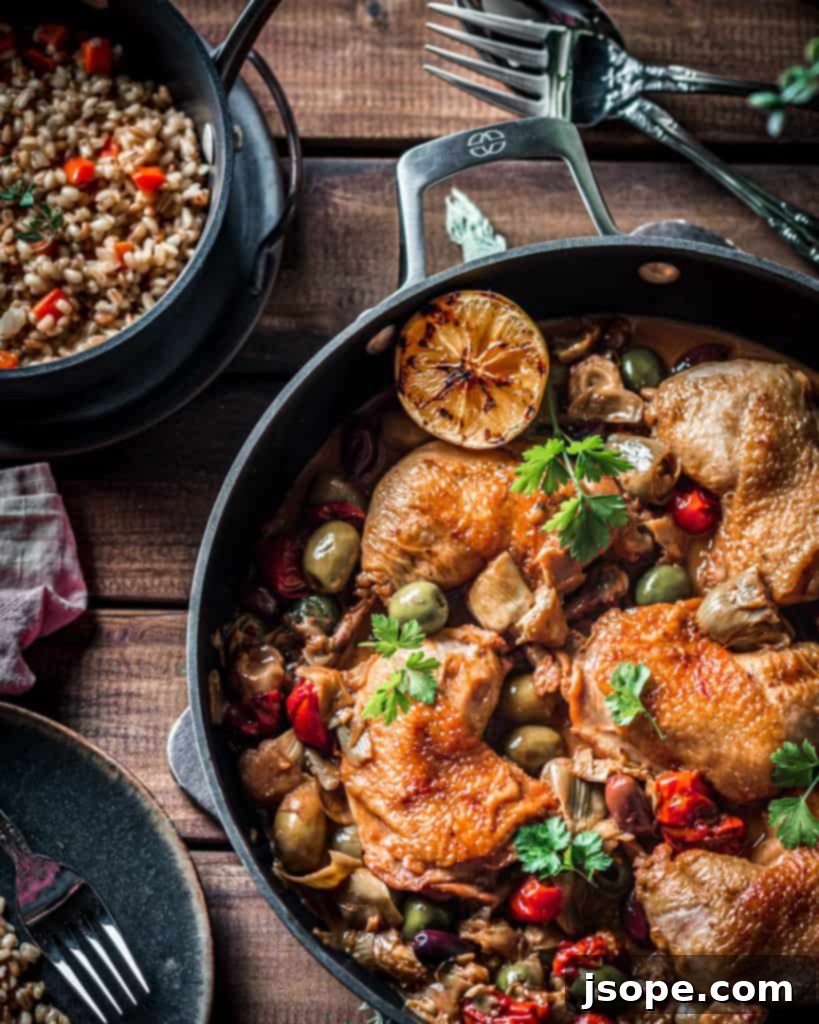The full presentation of Olive and Artichoke Braised Chicken with Barley Pilaf, a feast for the eyes and palate.