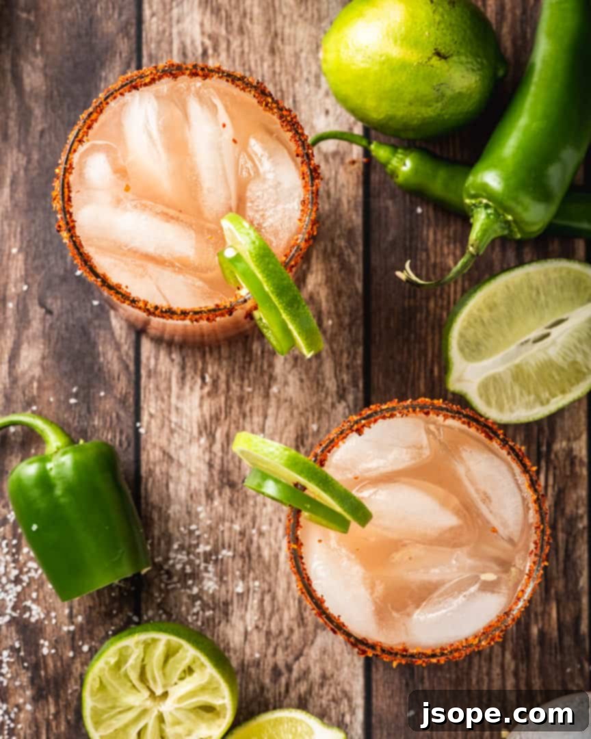 Close-up of a Sweet and Spicy Jalapeño Pineapple Cocktail, garnished with lime and jalapeño slices