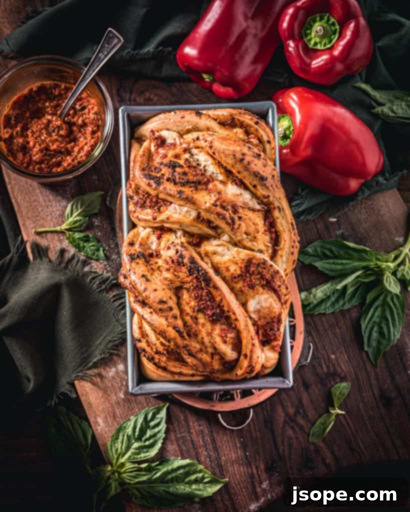 Roasted Red Pepper Pesto and Mozzarella Babka