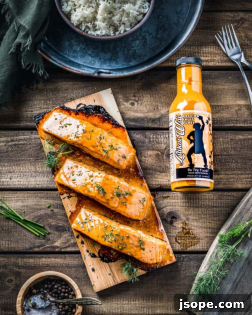 Sunshine Glazed Grilled Salmon 4 Da Vine Foods Passion Fruit Purée, key ingredient for the glaze