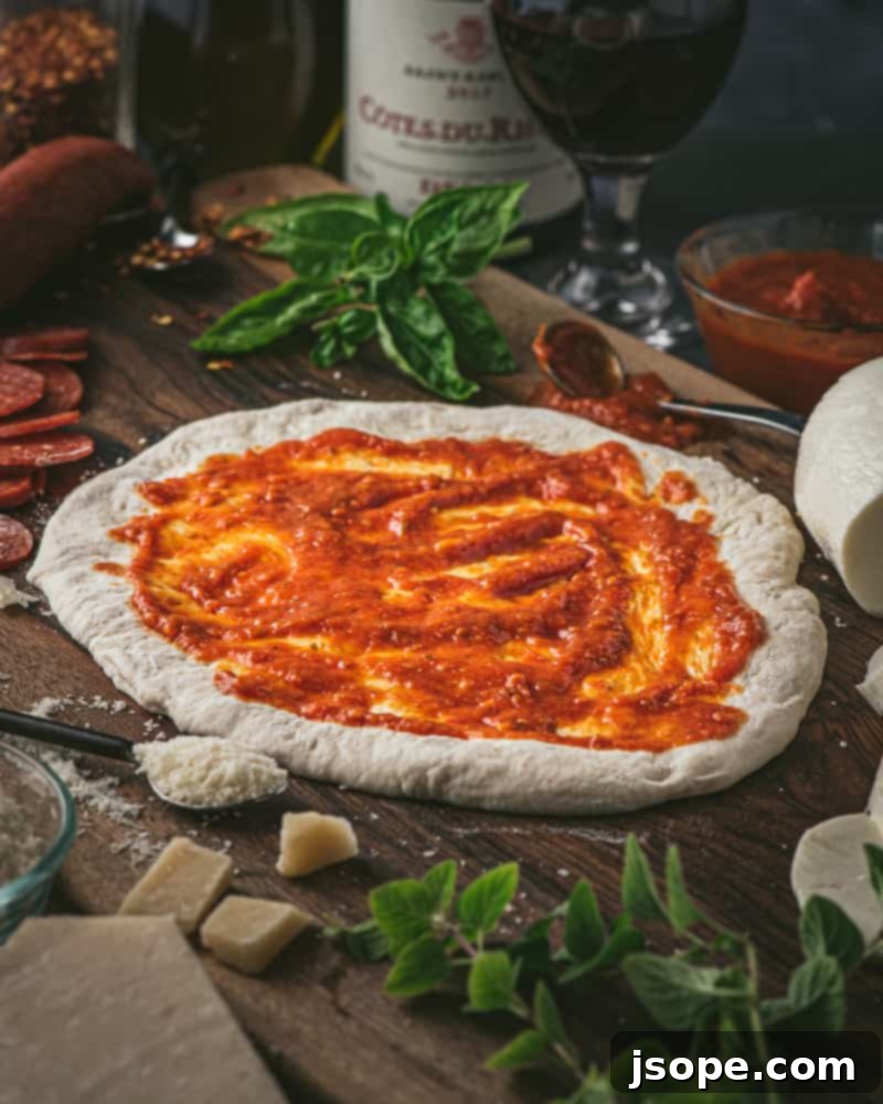 Rich red homemade pizza sauce in a bowl, ready to elevate your pizza.