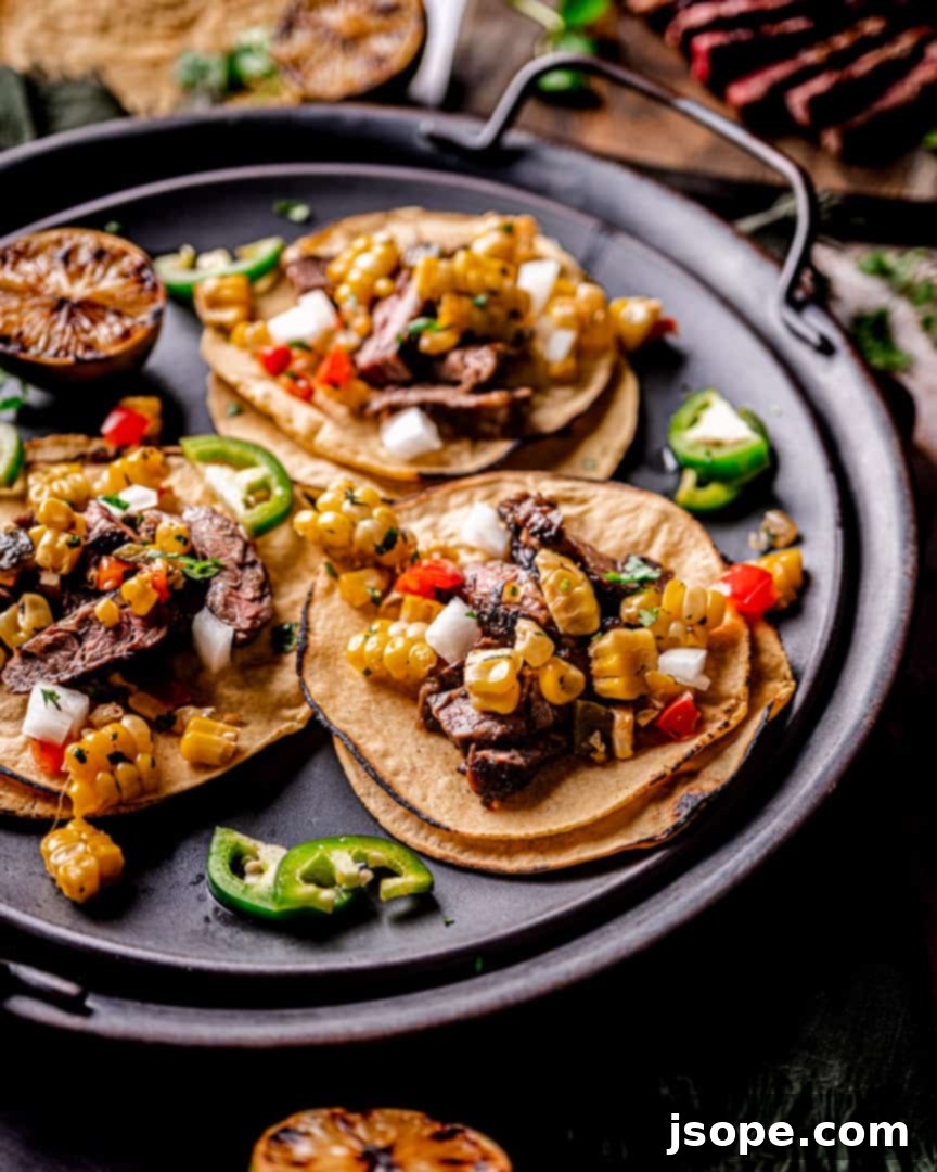 Marinated Skirt Steak Street Tacos with toppings
