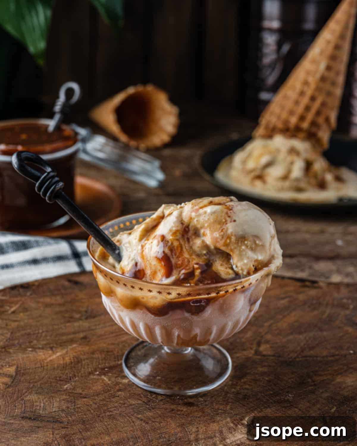 Close-up of Brown Butter Bourbon Caramel Gelato, showing a swirl of caramel sauce