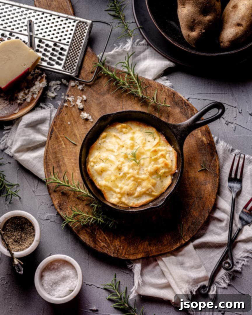 Golden Rosemary & Cheese Potato Gratin 3 Close-up of golden brown Cheesy Layered Rosemary Potatoes, showcasing the crispy texture.