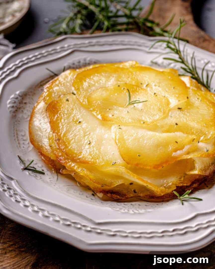 Golden Rosemary & Cheese Potato Gratin 4 Ready-to-serve Cheesy Layered Rosemary Potatoes in a cast iron skillet, garnished with fresh rosemary.