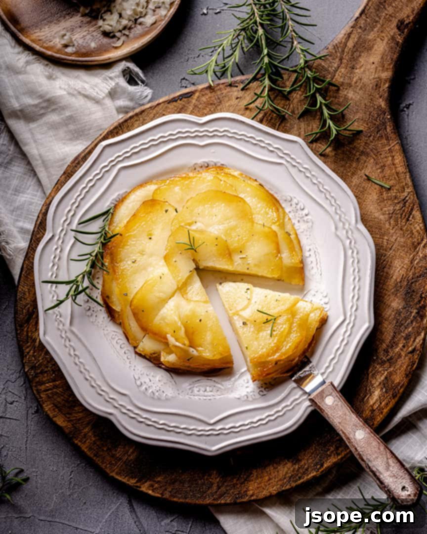 Golden Rosemary & Cheese Potato Gratin 5 A perfectly plated slice of Cheesy Layered Rosemary Potatoes, showcasing the distinct layers.