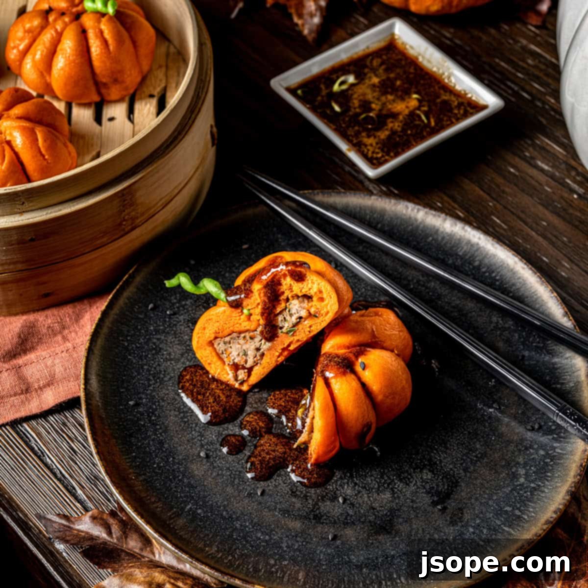 Delicious Pumpkin Shaped Pork Steamed Buns (Baozi) arranged for a festive meal