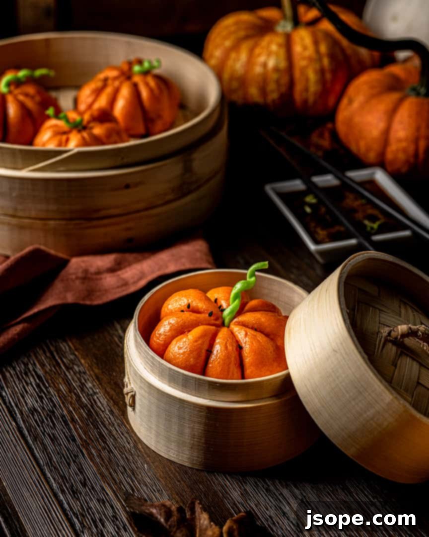 Close-up of a Pumpkin Shaped Pork Steamed Bun, showcasing its intricate details and vibrant color