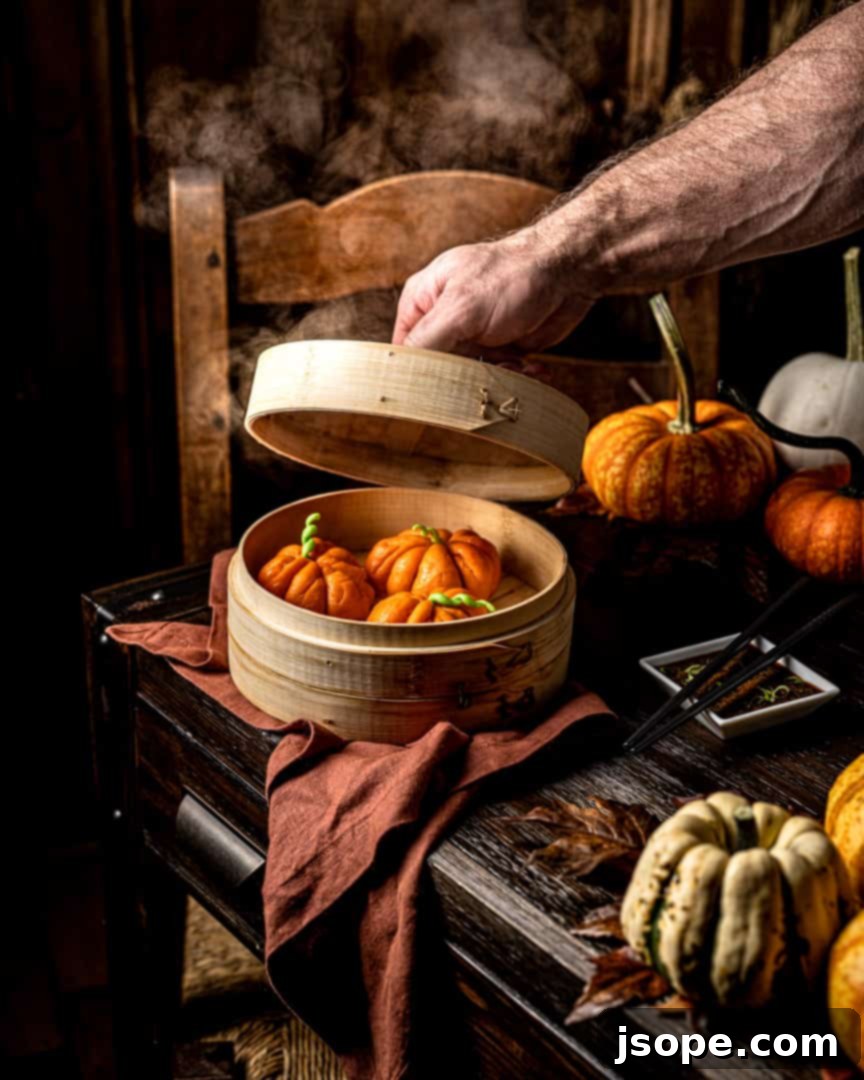 A trio of freshly steamed Pumpkin Shaped Pork Steamed Buns, ready to be enjoyed