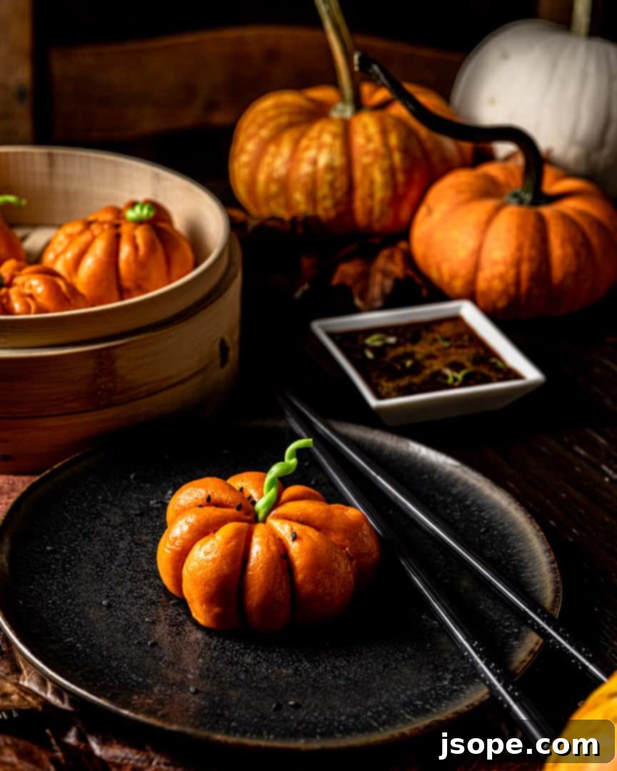 A vibrant platter of Pumpkin Shaped Pork Bao, garnished and ready to serve with dipping sauce