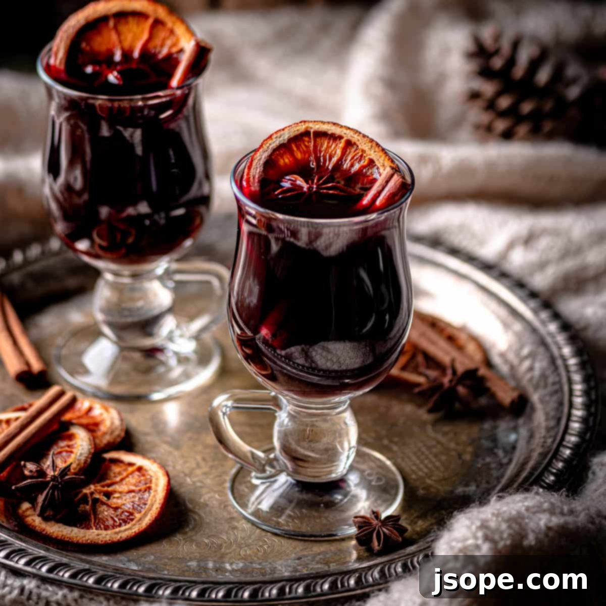 A festive mug of Mulled Wine with Amaretto and Brandy, garnished with a dehydrated orange slice and star anise.